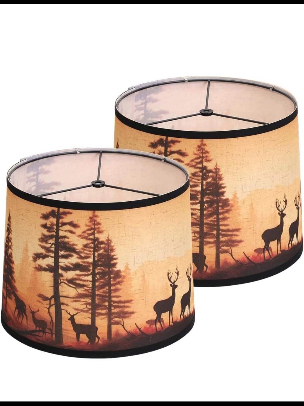 Rustic Deer Printed Large Drum Lamp Shades Set of 2. Easy Assembly.11.4"x13"x10"